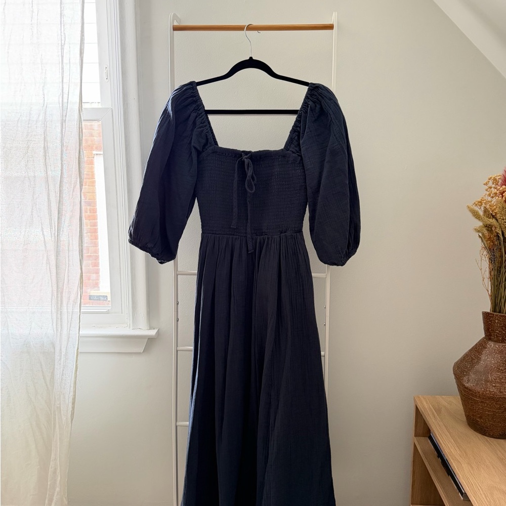 Quince Navy Long-Sleeve Smocked Maxi Dress